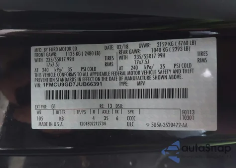2018 Ford Escape Se z USA, uszkodzony, nr VIN 1FMCU9GD7JUB66391